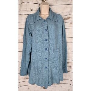 URU Textured Jacquard Blue Tunic Top XL 100% Silk Pleated Back Button Up